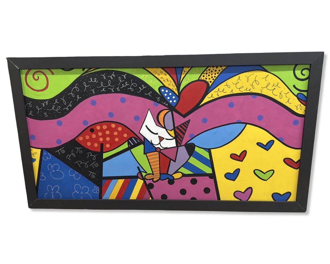 Signed Romero Britto (Brazilian, b. 1963) Monumental Sized Midnight Cat Mixed Media Painting on (1 of 9)
