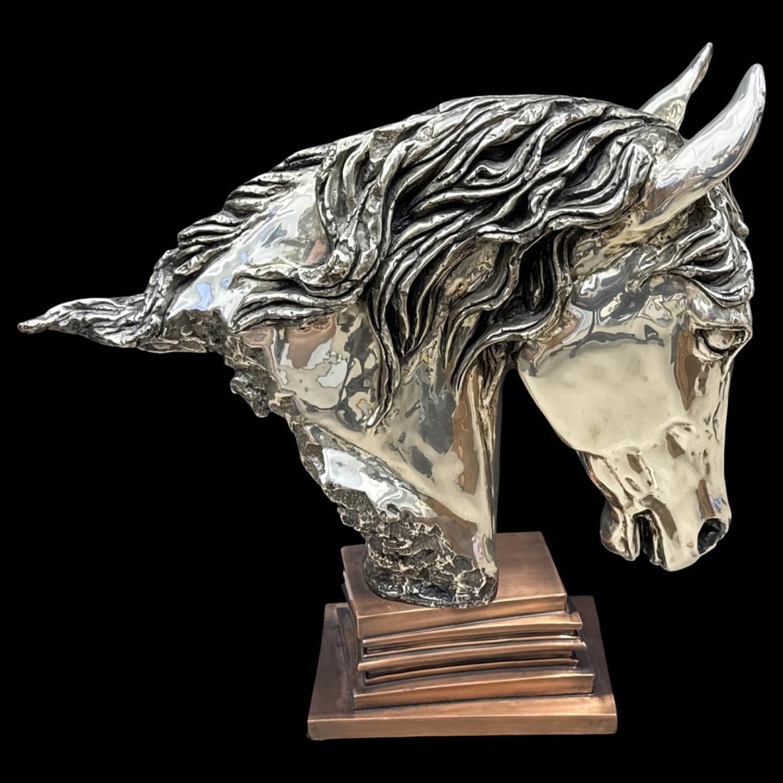 Ricardo Del Rio (Mexican, b. 1961) Large Silver Plated Horse Head Sculpture: Ricardo Del Rio (Mexican, b. 1961) Large Silver Plated Horse Head Sculpture. Signed & numbered 10/500, H: 23" x W: 24" x L: 7 3/4"