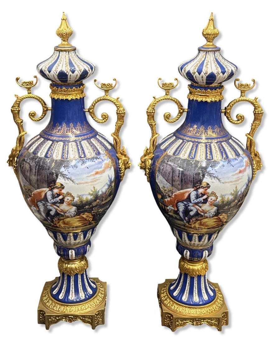Pair of Sevres Style Porcelain & Dore Bronze Mounted Two Handle Palace Size Vases (1 of 4)