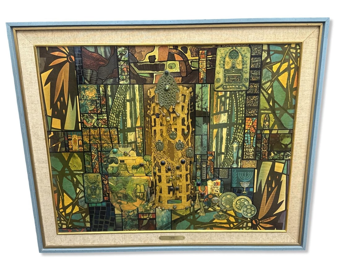 Signed Robert Swedroe (American, b. 1934) Faith Judaica Motif Mixed Media Collage on Board (1 of 6)