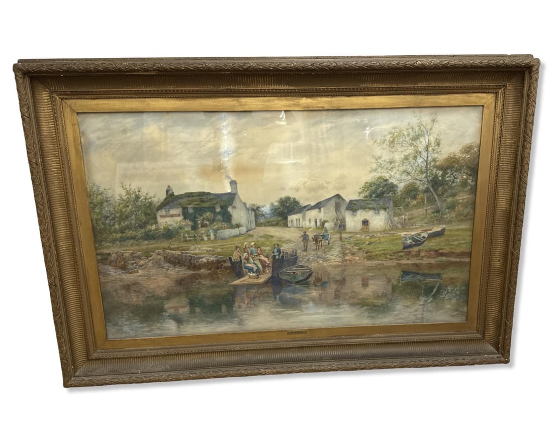 Signed Peter Ghent (British, 1856-1911) Original Watercolor of a Riverside Rural Village: Signed Peter Ghent (British, 1856-1911) Original Watercolor of a Riverside Rural Village H: 49 3/4" x W: 72 7/8"