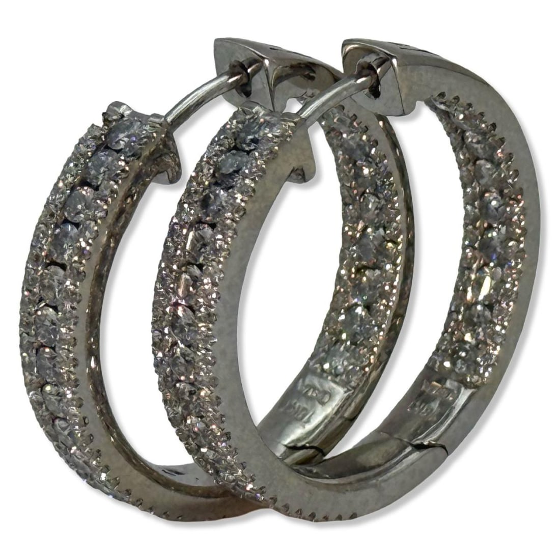 18kt WG & Double Sided Diamond Hoop Earrings: 18kt WG & Double Sided Diamond Hoop Earrings DIA: 1", weighs 7.52dwt