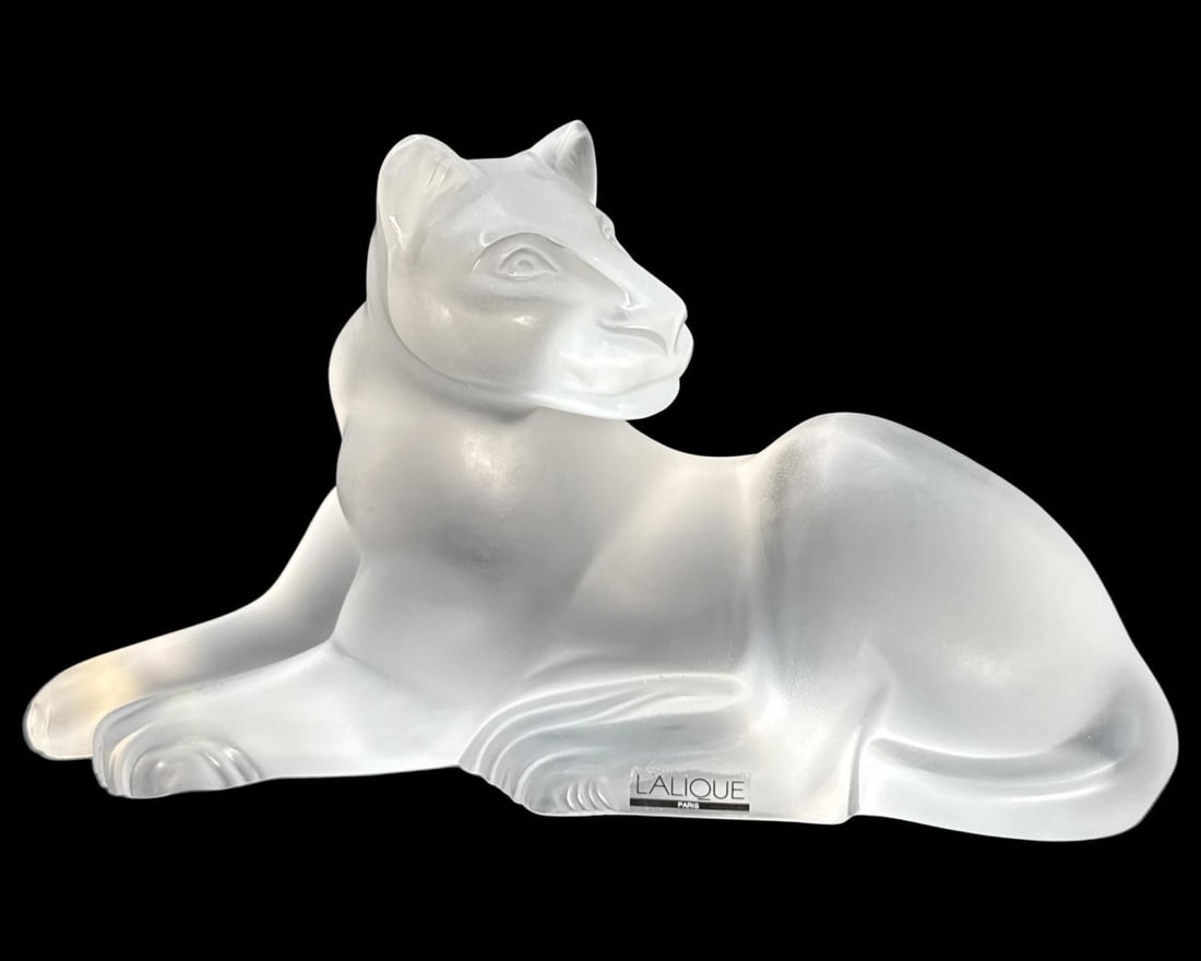 Signed M. Lalique Frosted Crystal Wild Lioness Simba Figurine: Signed M. Lalique Frosted Crystal Wild Lioness Simba Figurine. Signed & dated 3-13-90, H: 5 3/8" x W: 9 3/4"