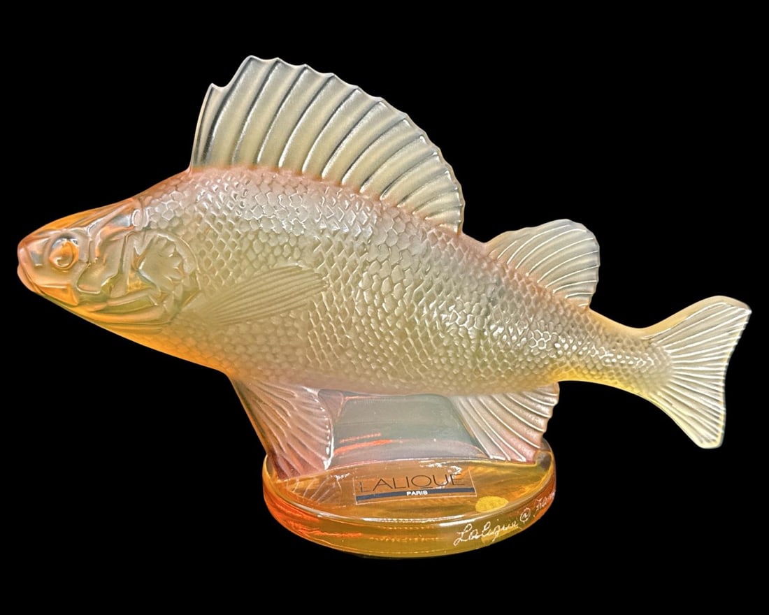 Signed Lalique France Amber Colored Crystal Perch Fish Sculpture (1 of 3)