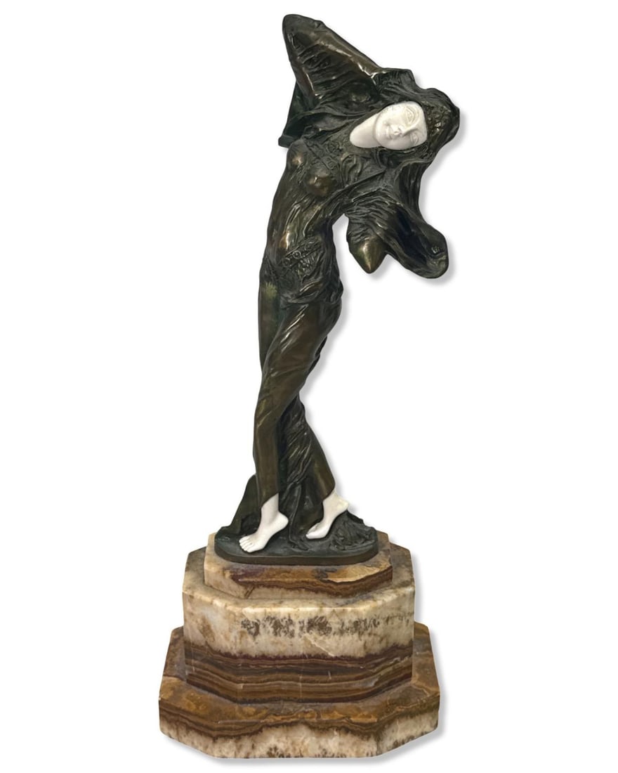 After Demetre Chiparus (Romanian, 1886-1947)? Bronze & Inlaid Sculpture on Onyx Base: After Demetre Chiparus (Romanian, 1886-1947)? Bronze & Inlaid Sculpture on Onyx Base H: 18 3/4" x W: 7 3/4" x L: 5"