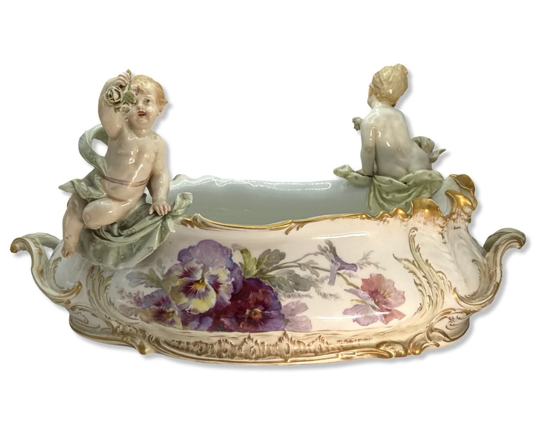 Antique KPM Porcelain Hand Painted Floral Motif & Figural Cherub Centerpiece Bowl (1 of 3)