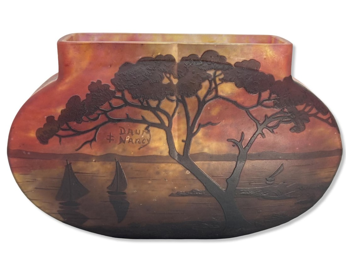 Daum Nancy French Cameo Glass Landscape Pillow Vase: Daum Nancy French Cameo Glass Landscape Pillow Vase H: 4 1/4" x W: 7"
