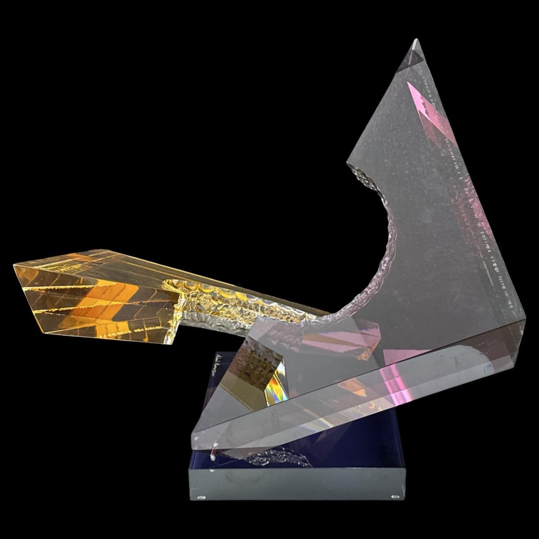 Signed Michael George Intersection Multicolored Acrylic Lucite Sculpture: Signed Michael George Intersection Multicolored Acrylic Lucite Sculpture. Signed & dated 2004, H: 19 1/2" x W: 16 3/4" x L: 19 1/2". Two acrylic pieces can rotate