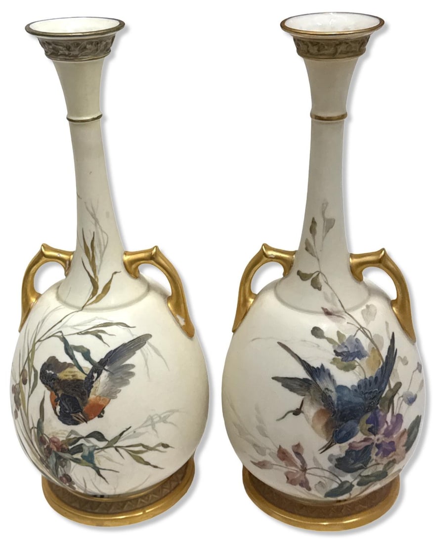 Pair of Royal Worcester European Porcelain & Gilt Two Handled Vases Featuring a Bird Motif: Pair of Royal Worcester European Porcelain & Gilt Two Handled Vases Featuring a Bird Motif H: 14 1/2" x W: 6"