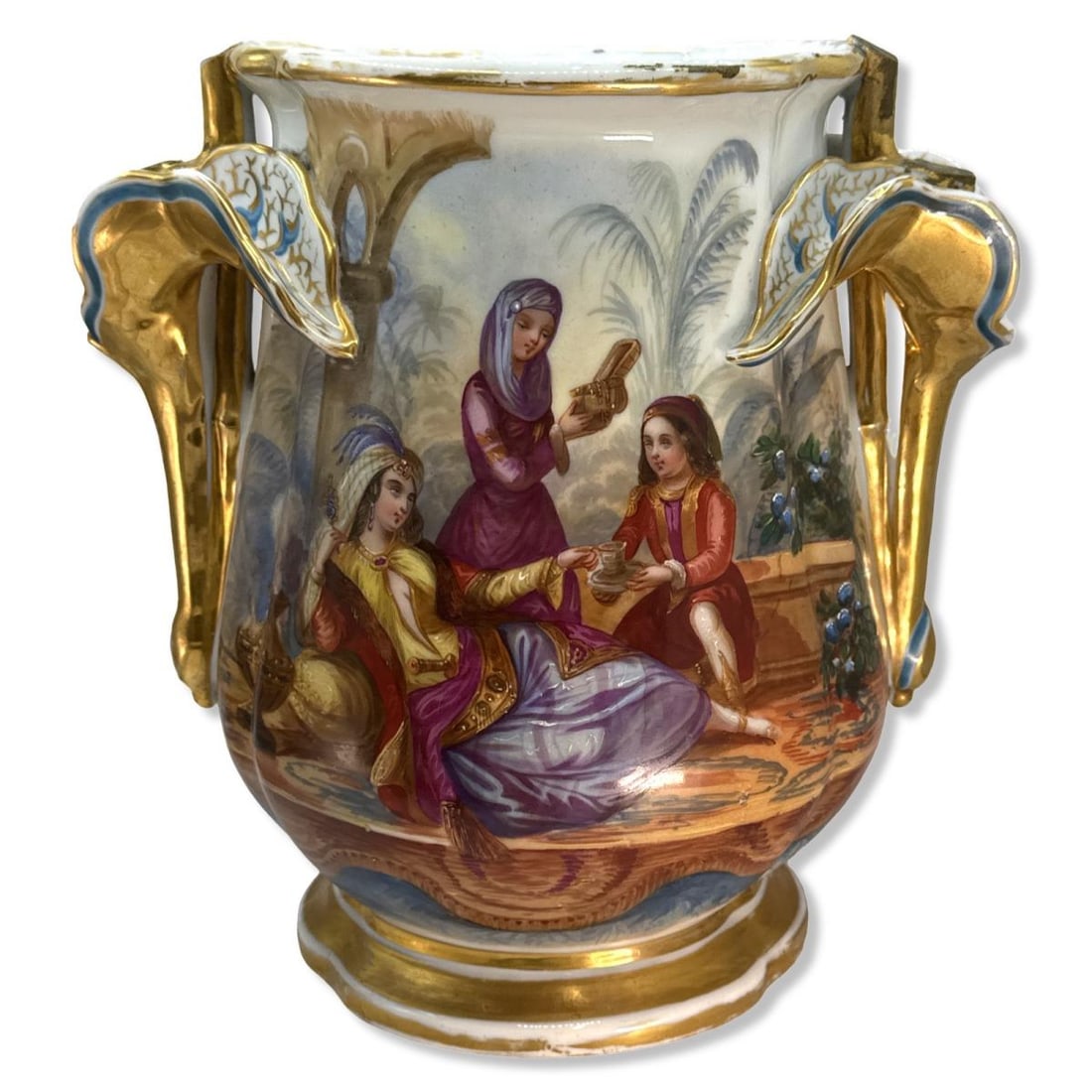 Antique Old Paris Porcelain Centerpiece Vase Featuring a Scene of a Royal Being Served: Antique Old Paris Porcelain Centerpiece Vase Featuring a Scene of a Royal Being Served H: 10 1/4" x W: 9 3/4"