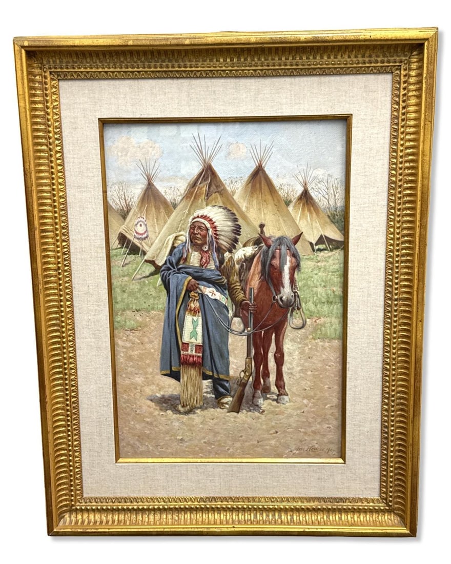 Signed John Hauser (American, 1858-1913) Gouache Painting of "Chief Okalala, a Sioux Indian" (1 of 6)