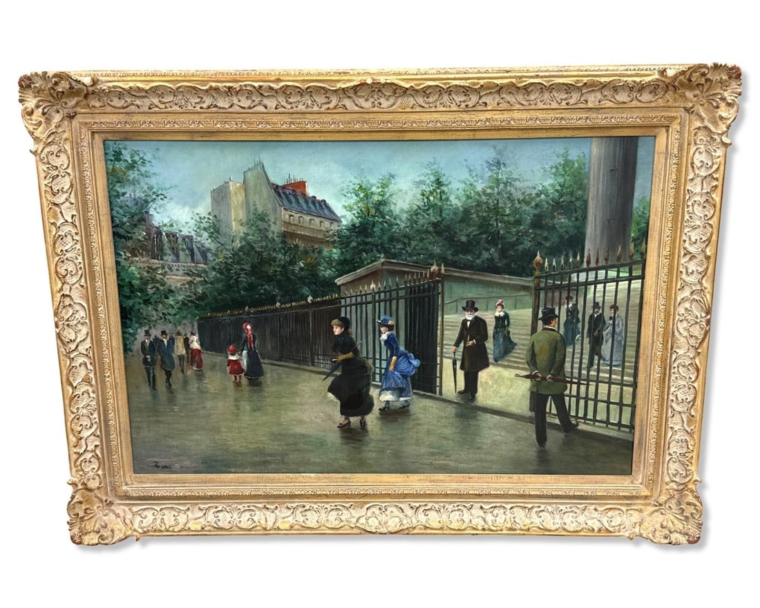Signed "Pariseau" Parisian Street Scene Oil Painting on Canvas: Signed "Pariseau" Parisian Street Scene Oil Painting on Canvas. Signed lower left, total measurement H: 32" x W: 44", subject H: 23 3/8" x W: 35 3/8"