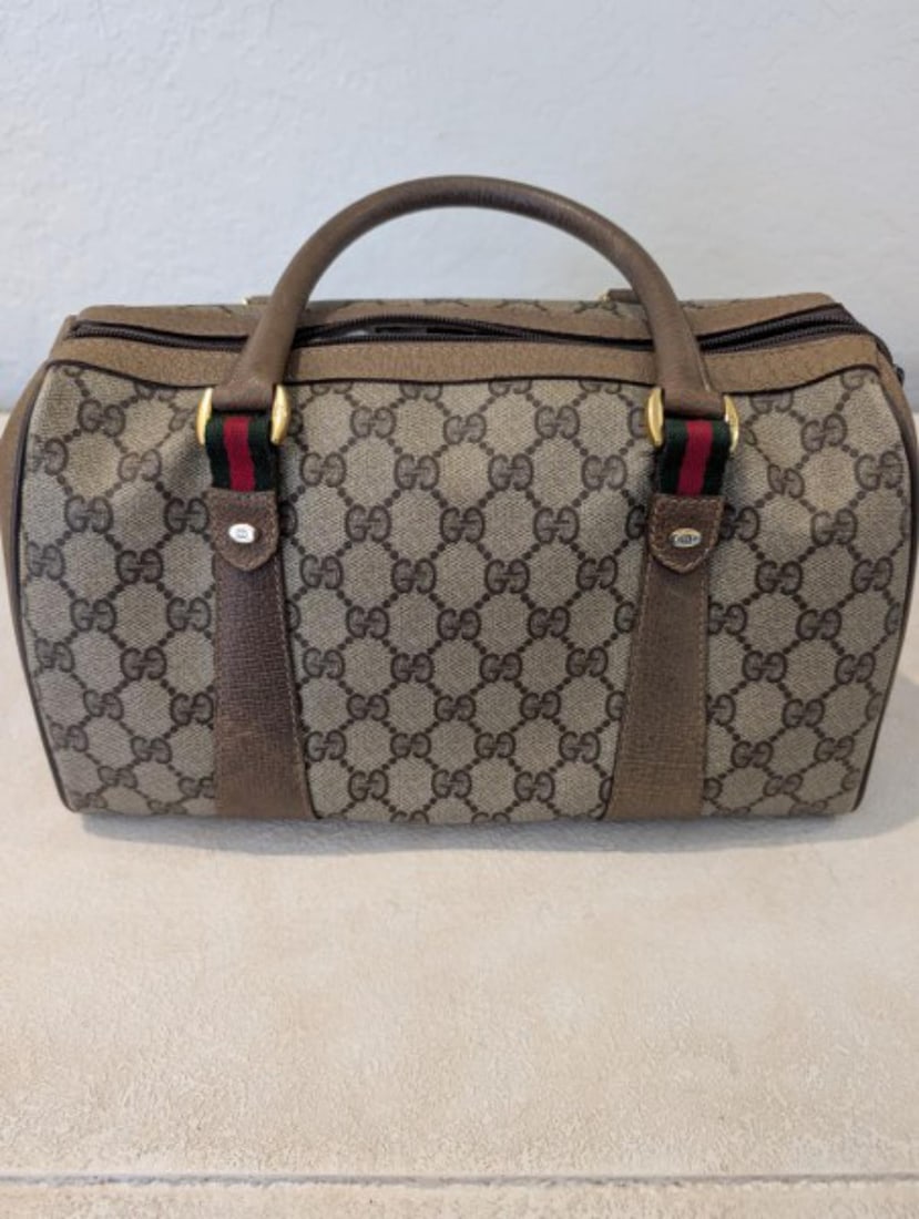 Authentic Vintage Gucci Brown GG Monogram Boston Handbag with Green/Red Web Stripe (1 of 5)