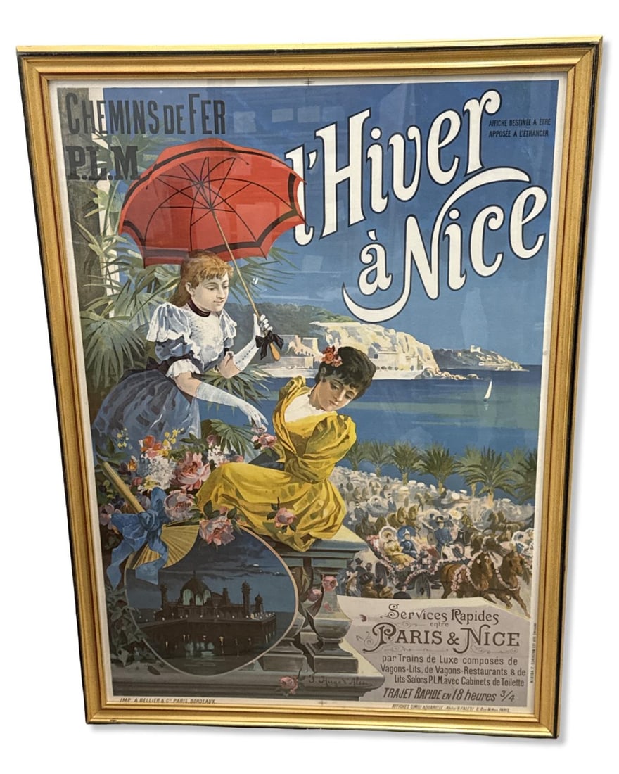 Vintage Hugo d'Alesi (1849-1906) French I'Hiver a Nice Travel & Tourism Poster: Vintage Hugo d'Alesi (1849-1906) French I'Hiver a Nice Travel & Tourism Poster. Signed lower center, total H: 44 1/2" x W: 32 1/4"