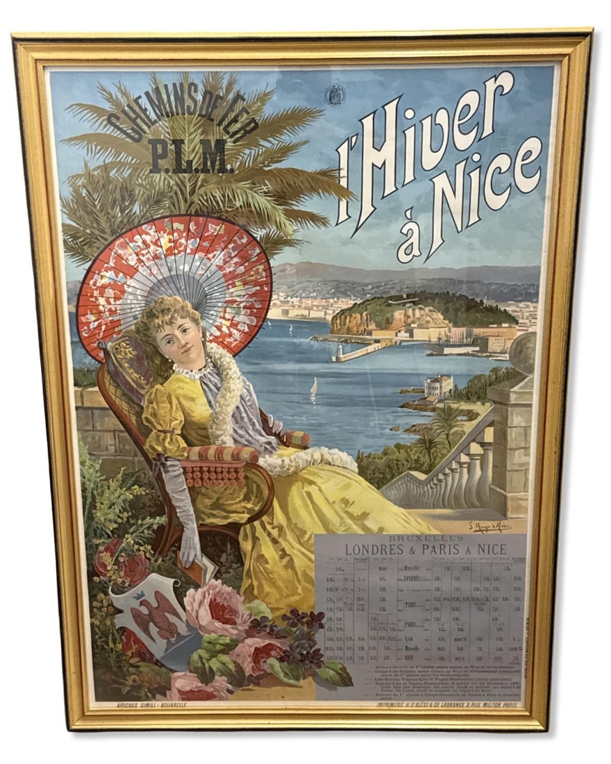 Vintage Hugo d'Alesi (1849-1906) I'Hiver a Nice French Travel & Tourism Poster: Vintage Hugo d'Alesi (1849-1906) I'Hiver a Nice French Travel & Tourism Poster. Signed lower right, total H: 44 3/8" x W: 32 1/4"