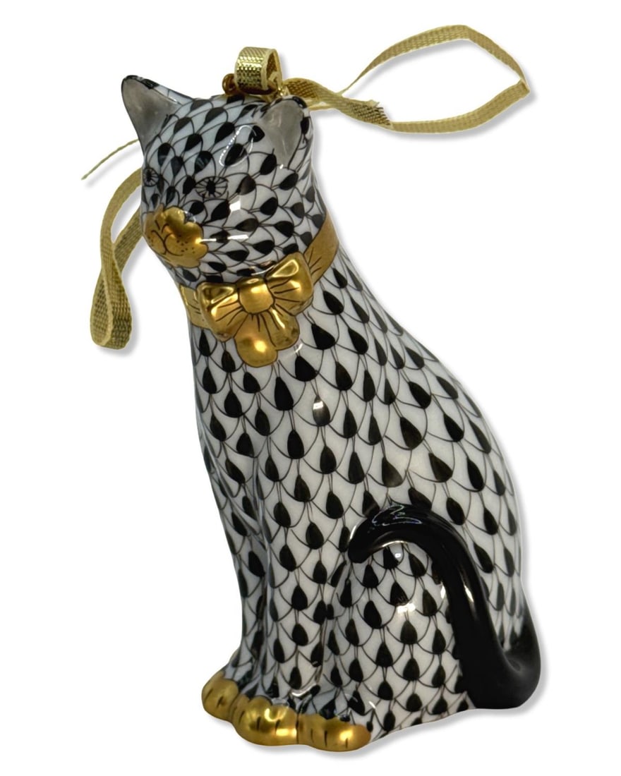 Herend Hungary Handpainted First Edition Black Fishnet Cat with Ribbon Porcelain Figurine: Herend Hungary Handpainted First Edition Black Fishnet Cat with Ribbon Porcelain Figurine H: 3 3/8" x W: 1 1/2"