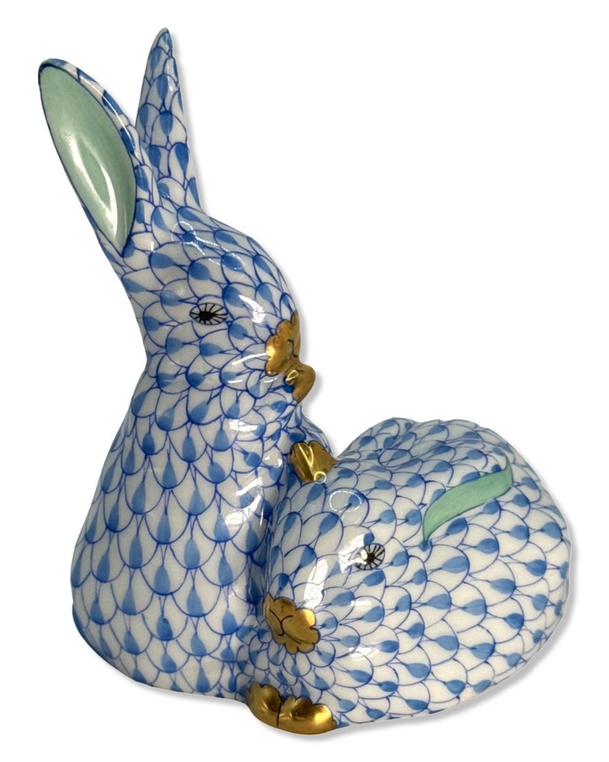Herend Hungary Handpainted Blue Fishnet Rabbit Figural Group Porcelain Figurines (1 of 3)