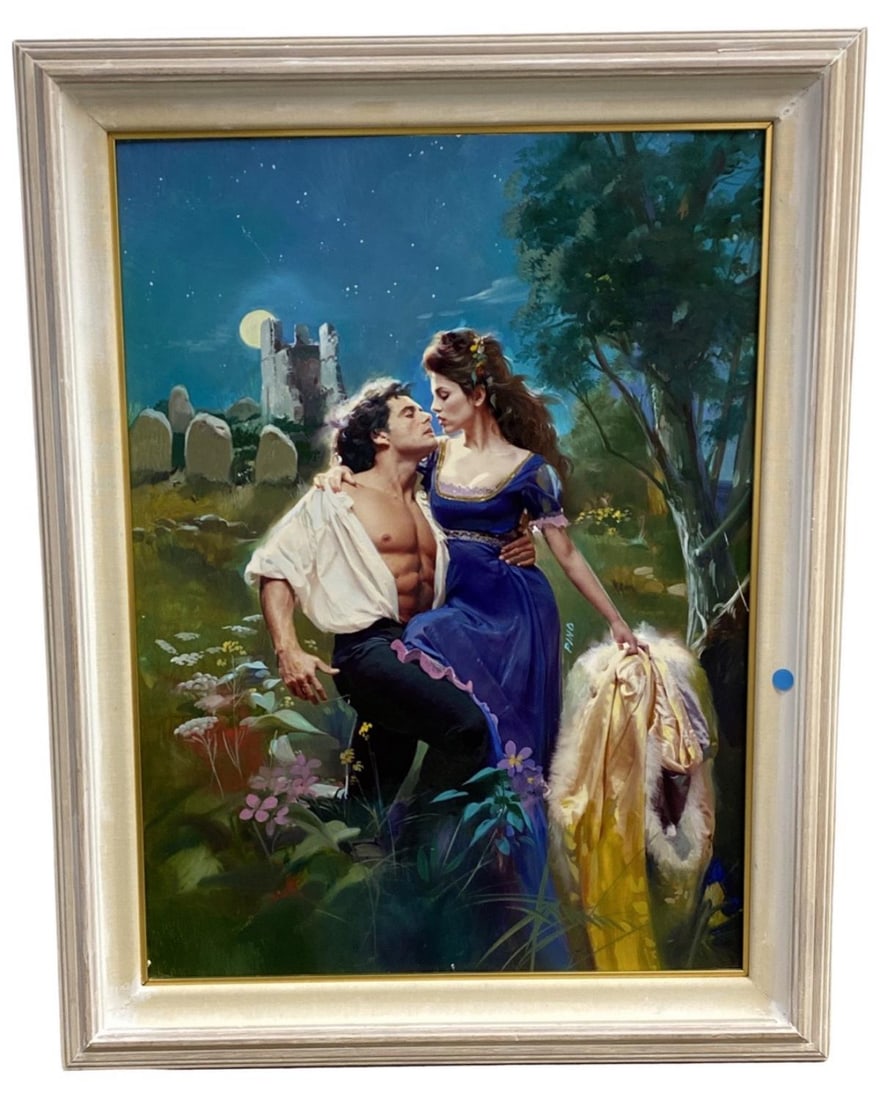 Signed Pino (1939-2010) Oil Painting on Board Panel Romance Depicting a Romantic Scene between a: Signed Pino (1939-2010) Oil Painting on Board Panel Romance Depicting a Romantic Scene between a Couple. Signed lower right, measures H: 29" x W: 21", 4" frame