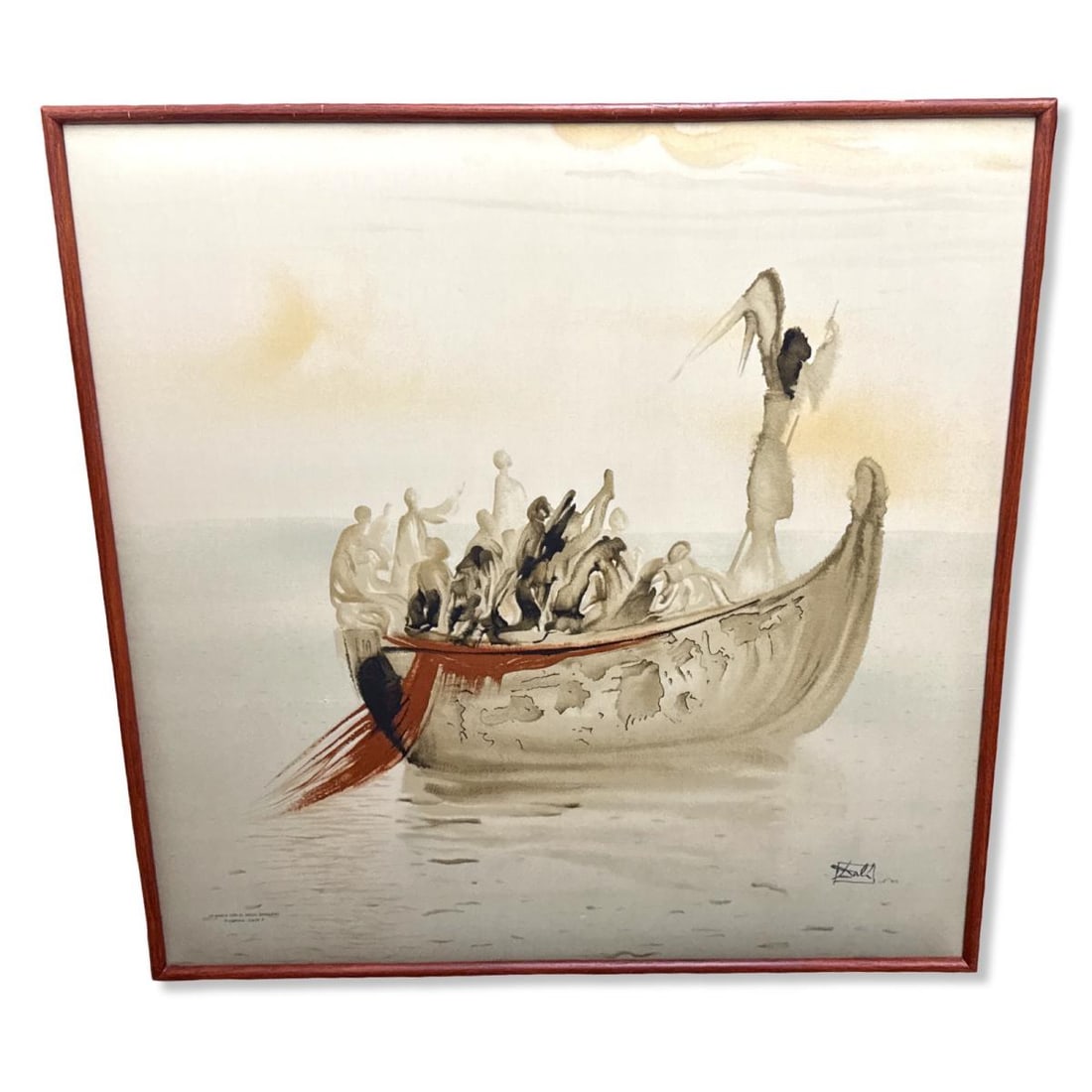 Signed Salvador Dali (Spanish, 1904-1989) La Barca Con el Angel Barquero Limited Edition Print on: Signed Salvador Dali (Spanish, 1904-1989) La Barca Con el Angel Barquero Limited Edition Print on Silk. Signed, titled, & numbered N. 232, H: 35" x W: 35"