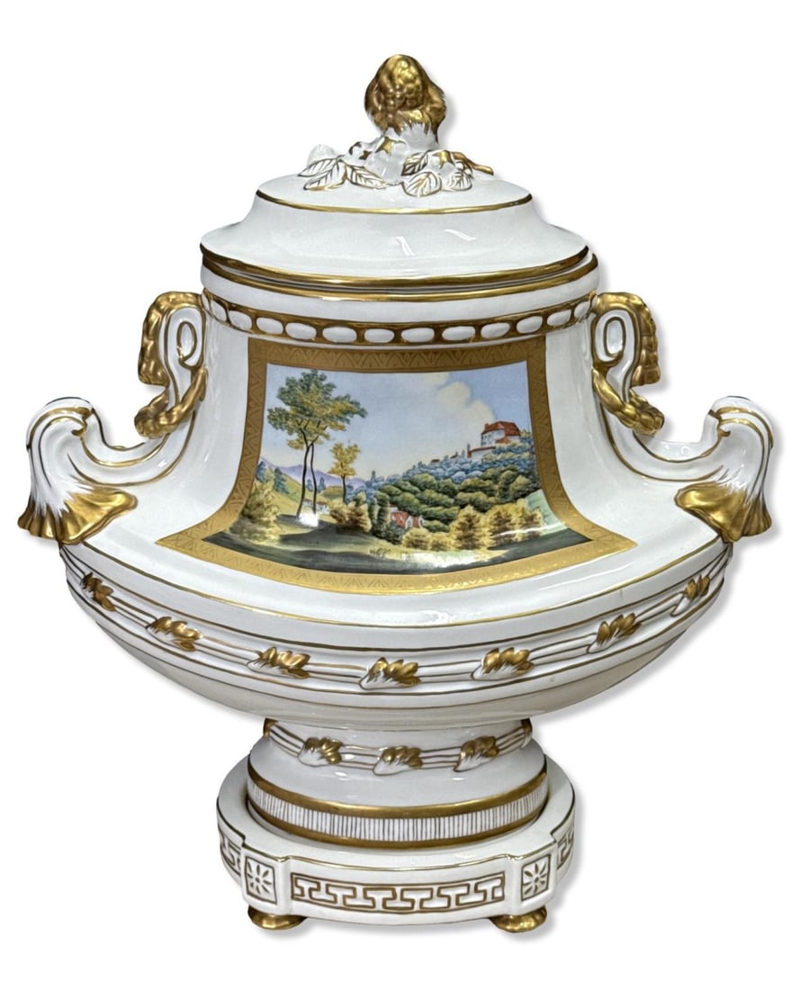 Chelsea House Footed Porcelain Centerpiece Featuring Gilt Accents & a Rural Scene: Chelsea House Footed Porcelain Centerpiece Featuring Gilt Accents & a Rural Scene measures H: 15 3/4" x W: 13"