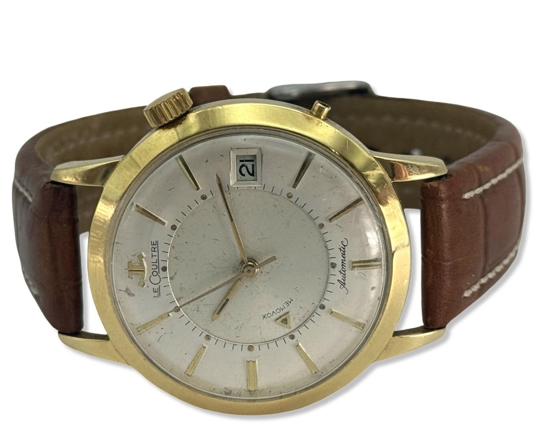 Vintage 18kt YG LeCoultre Automatic Memovox Jumbo Sized Alarm Watch with Brown Leather Strap (1 of 4)