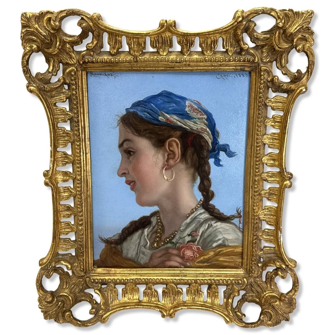 Signed Adriano Bonifazi (Italian, 1858-1914) Oil Painting Portrait of a Young Woman: Signed Adriano Bonifazi (Italian, 1858-1914) Oil Painting Portrait of a Young Woman. Signed upper left and dated 1883, measures H: 11 5/8" x W: 9", 3 1/4" frame