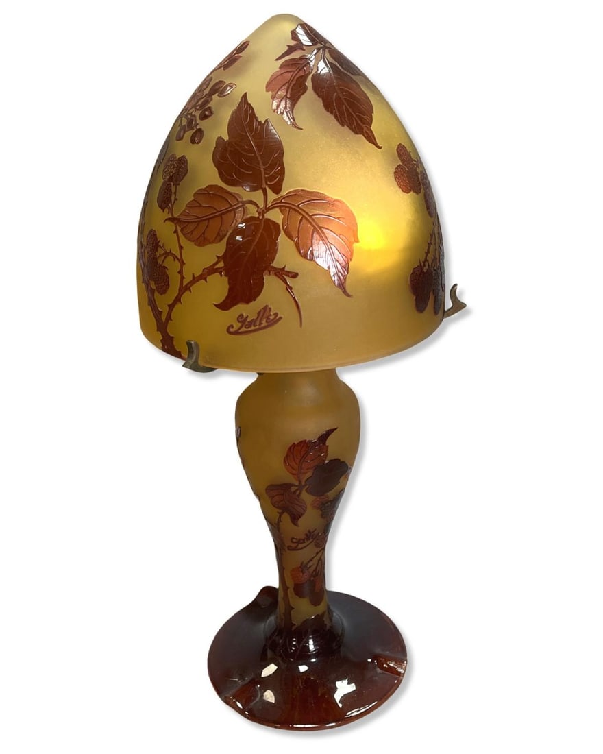 Galle Cameo Glass Table Lamp and Shade: Galle Cameo Glass Table Lamp and Shade. Lamp measures H: 13", Shade measures H: 7 1/2" x DIA: 7 1/2"