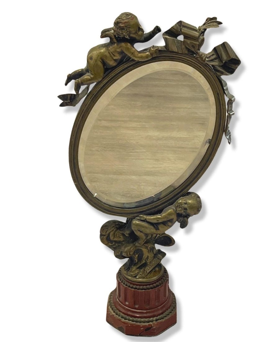 After Louis Kley? (France, 1833-1911) Art Nouvea Mirror with Bronze & Marble Base Putti Cherubs: After Louis Kley? (France, 1833-1911) Art Nouvea Mirror with Bronze & Marble Base Putti Cherubs Mirror measures H: 15". The marble has chips/cracks