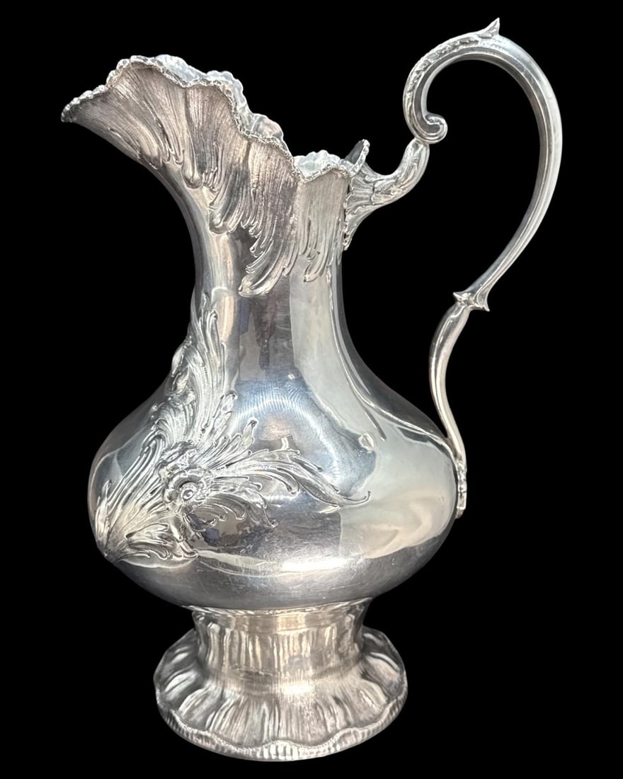 Antique Allcock & Allen American Sterling Silver Water PitcherFeaturing Ornate Repousse Floral &: Antique Allcock & Allen American Sterling Silver Water PitcherFeaturing Ornate Repousse Floral & Scroll Detailing Throughout H: 13" x W: 7", weighs approx 34 OZT