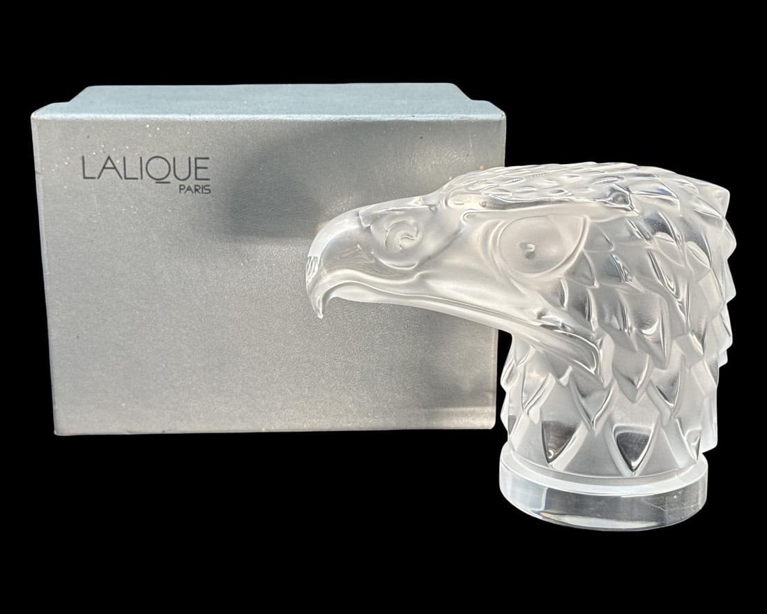 Signed Lalique France Frosted & Clear Crystal Tete D'Aigle Mascot Bust with Box: Signed Lalique France Frosted & Clear Crystal Tete D'Aigle Mascot Bust with Box. Signed on bottom, H: 4 1/4" x W: 5 1/2"