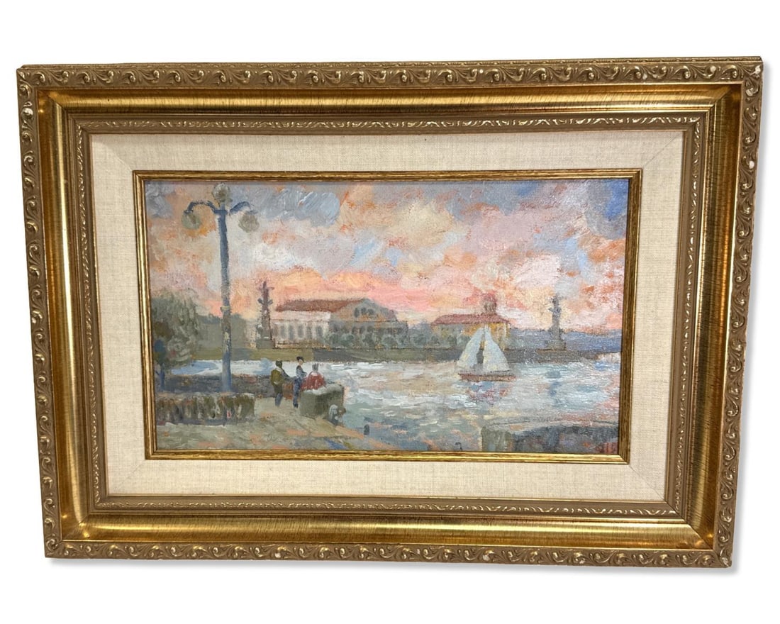 Signed Victor Shlayktin Russian Oil Painting on Canvas "The Point of Vassl Lievsky Island": Signed Victor Shlayktin Russian Oil Painting on Canvas "The Point of Vassl Lievsky Island". Signed and titled on rear, measures H: 7 1/2" x W: 13", 3 1/8" frame & matte