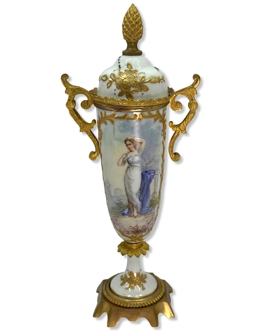 Antique Sevres Porcelain & Brass Two Handle Vase Featuring a Goddess Motif Throughout: Antique Sevres Porcelain & Brass Two Handle Vase Featuring a Goddess Motif Throughout measures H: 8 1/2" x W: 3 3/4"