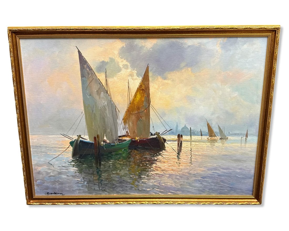 Signed Guido Odierna (Italian, 1913-1991) Nautical Scene Oil Painting on Canvas (1 of 3)