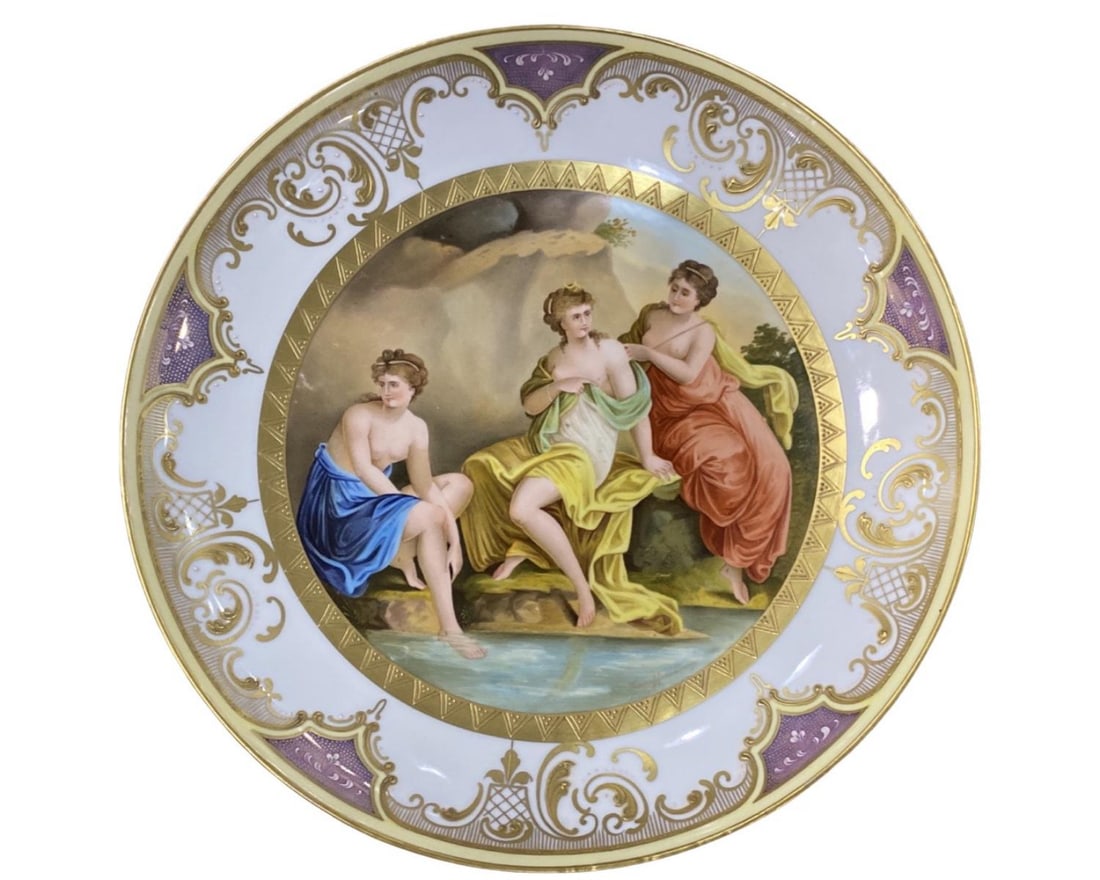 Royal Vienna Nymphs Hand Painted Porcelain Charger depicting three maidens at waters edge (1 of 2)