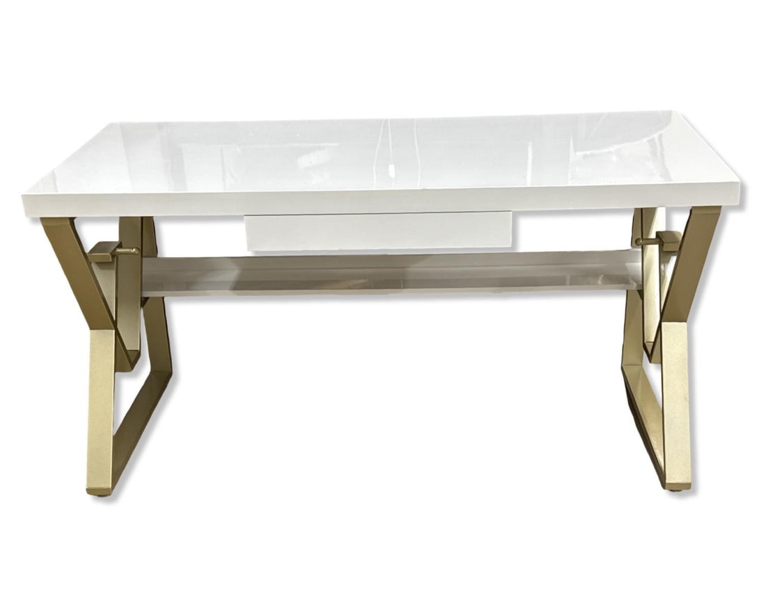 Art Deco Style White Top Desk Featuring Geometric Gold Tone Metal Legs: Art Deco Style White Top Desk Featuring Geometric Gold Tone Metal Legs H: 29 7/8" x W: 59" x L: 27 1/2"