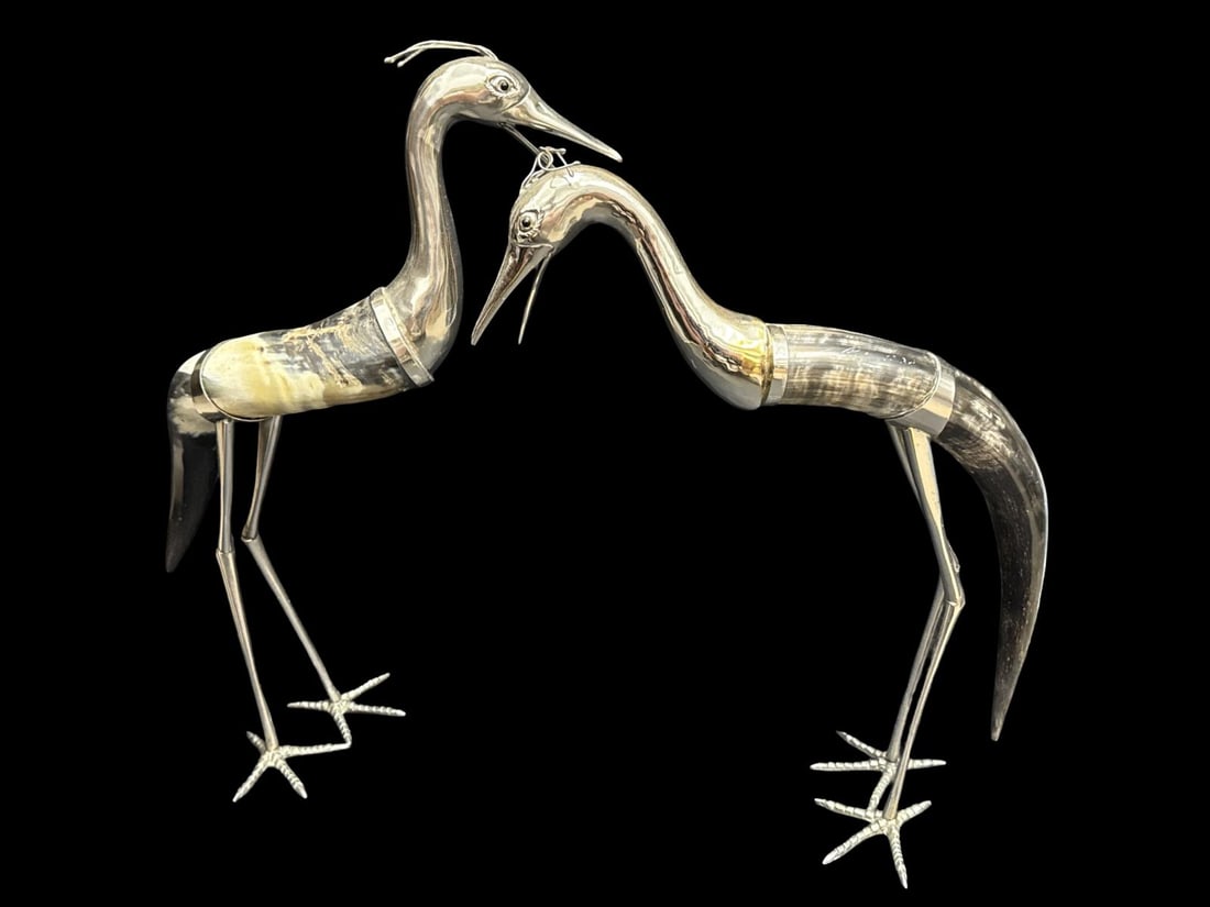 Pair of Mind Century Brass & Horn Crane Sculptures (1 of 3)
