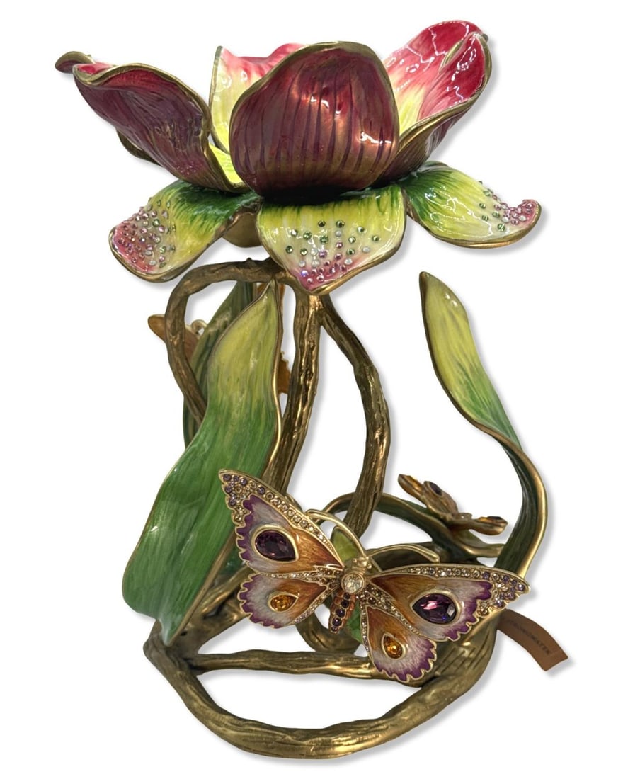Jay Strongwater Meredith Floral Pillar Candle Holder: Jay Strongwater Meredith Floral Pillar Candle Holder H: 9 3/4" x W: 6 1/2". Includes original tag with a retail price of $2,200.00