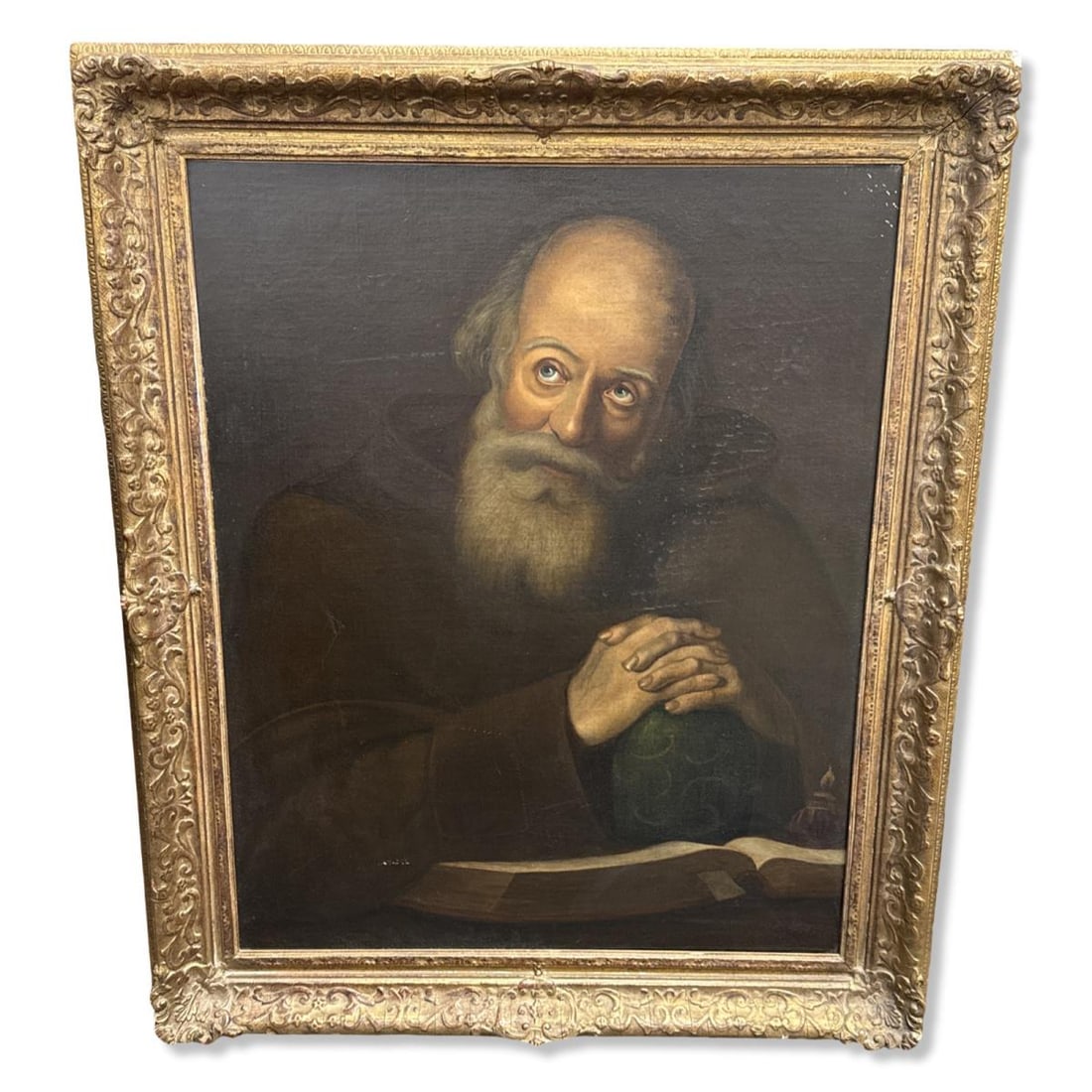 Antique 18th Century Dutch Old Master Oil Painting on Canvas of a Monk in Thought in Ornate Frame (1 of 6)