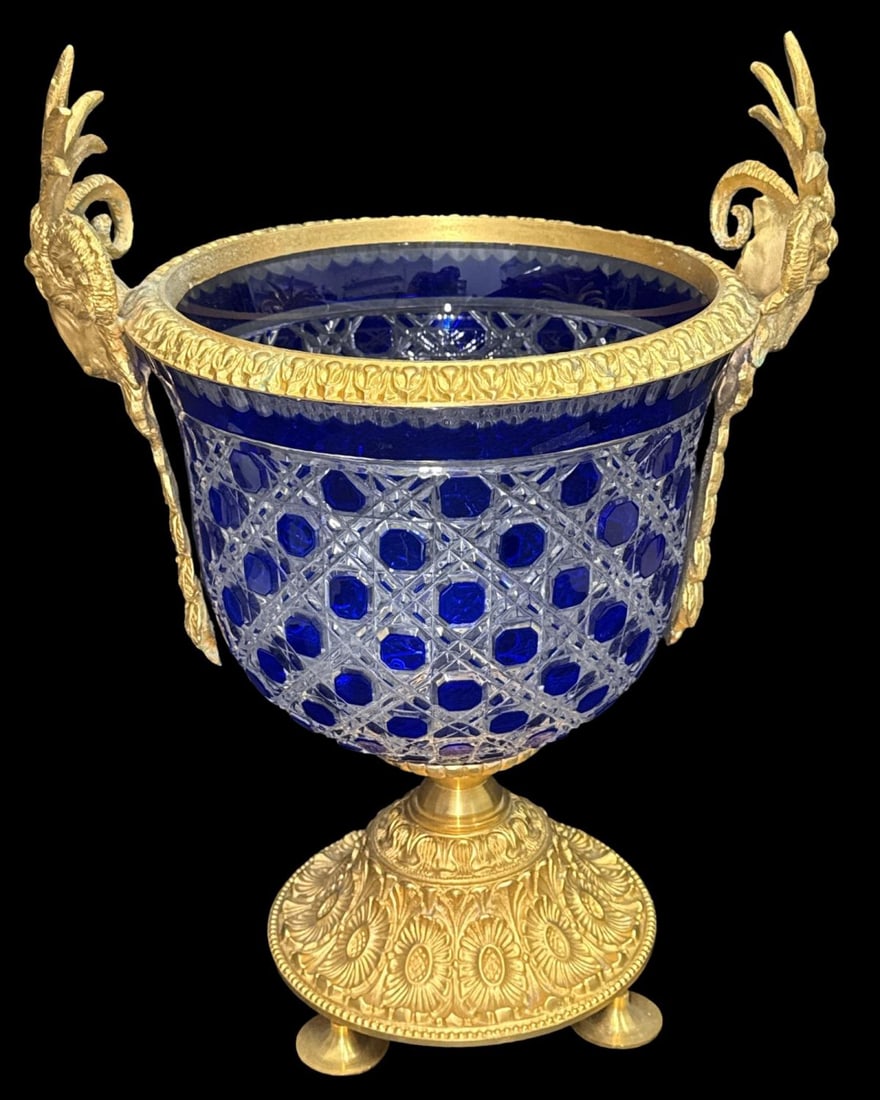 Cobalt Cut to Clear Crystal & Dore Bronze Mounted Centerpiece Vase (1 of 5)