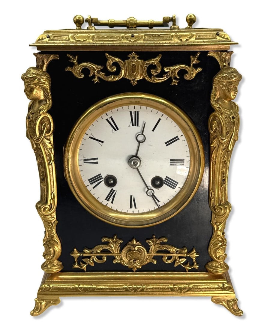 Antique French Pendule Voage Mantel Clock with Ebonized Case & Brass Mounted Figures (1 of 5)