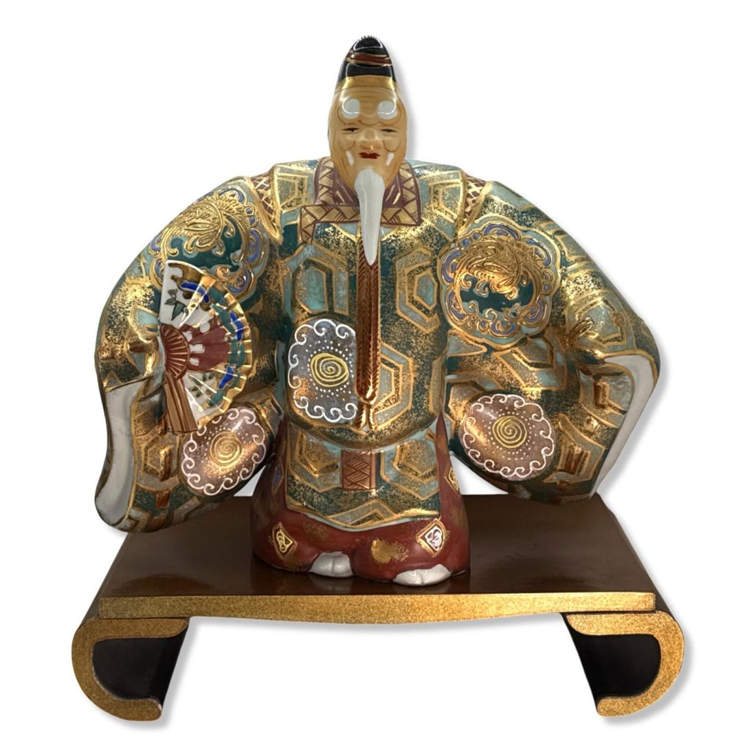 Vintage Japanese Porcelain Okina Noh Theater Figure with Wood Stand: Vintage Japanese Porcelain Okina Noh Theater Figure with Wood Stand. Figure H: 10 1/2" x W: 10 1/2", base H: 2 5/8" x W: 11 3/4" x L: 6 7/8"
