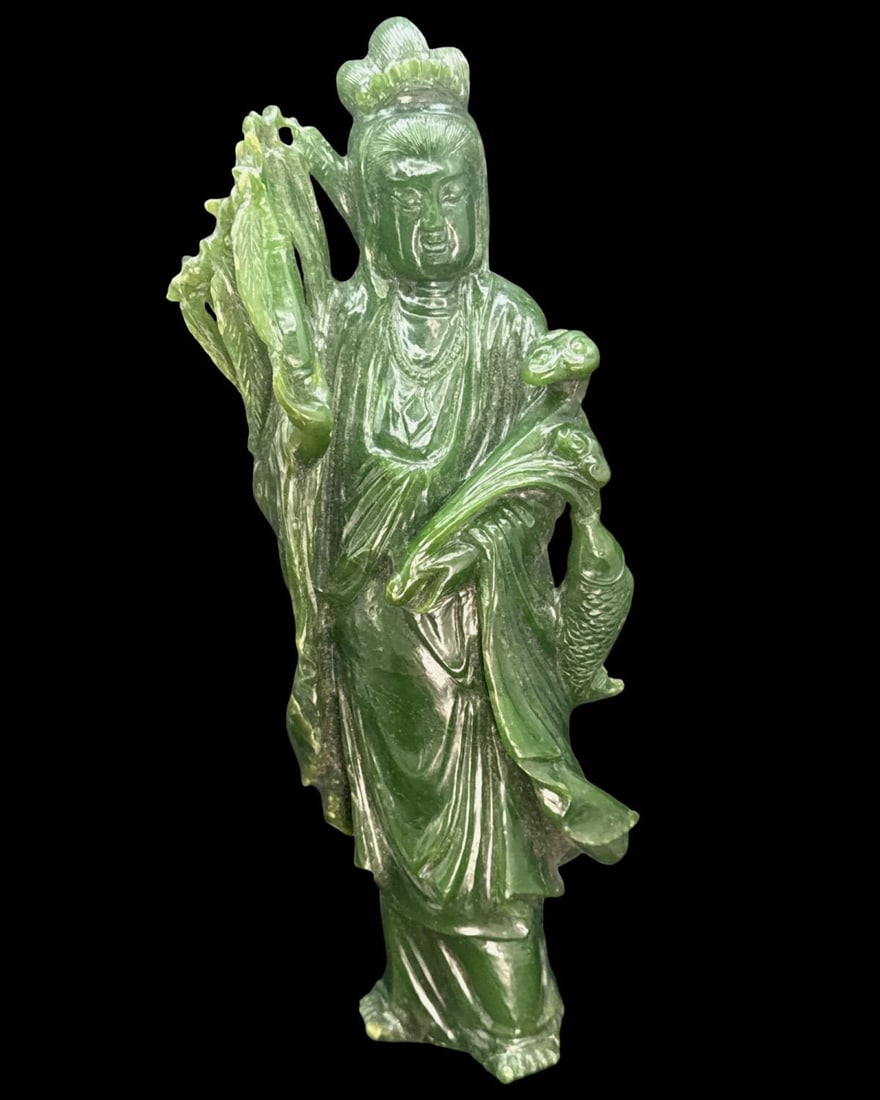 Chinese Hand Carved Deep Green Tone Spinach Jade Quan Yin Figure (1 of 3)