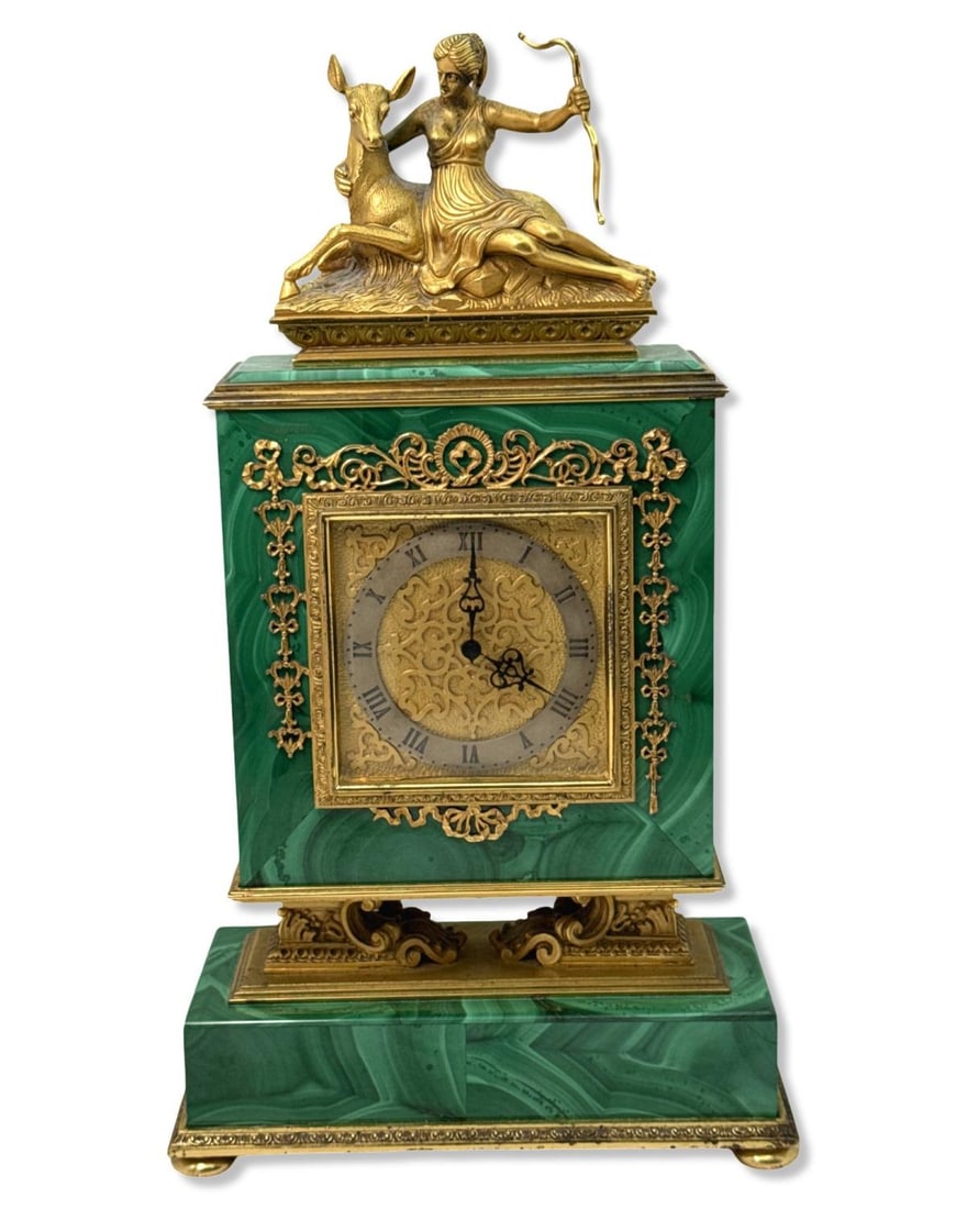 Cyma Watch Co. 800 Silver & Malachite Sixteen Jewel Mantel Clock Featuring The Goddess Diana with a: Cyma Watch Co. 800 Silver & Malachite Sixteen Jewel Mantel Clock Featuring The Goddess Diana with a Doe measures H: 10 3/4" x W: 6" x L: 2 7/8"