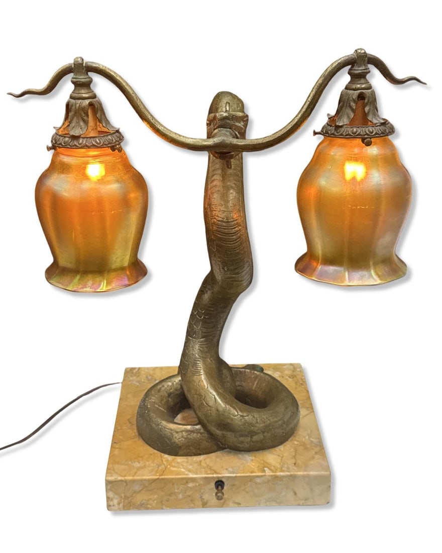 Serpentine Motif Bronze Two Light Table Lamp on Marble Base Featuring a Pair of Signed Quezal Gold (1 of 6)
