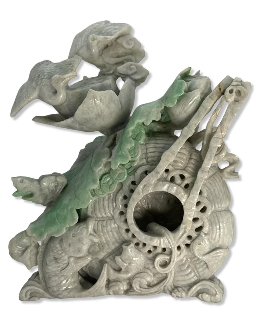 Chinese Hand Carved Multicolored Jade Centerpiece Sculpture (1 of 2)