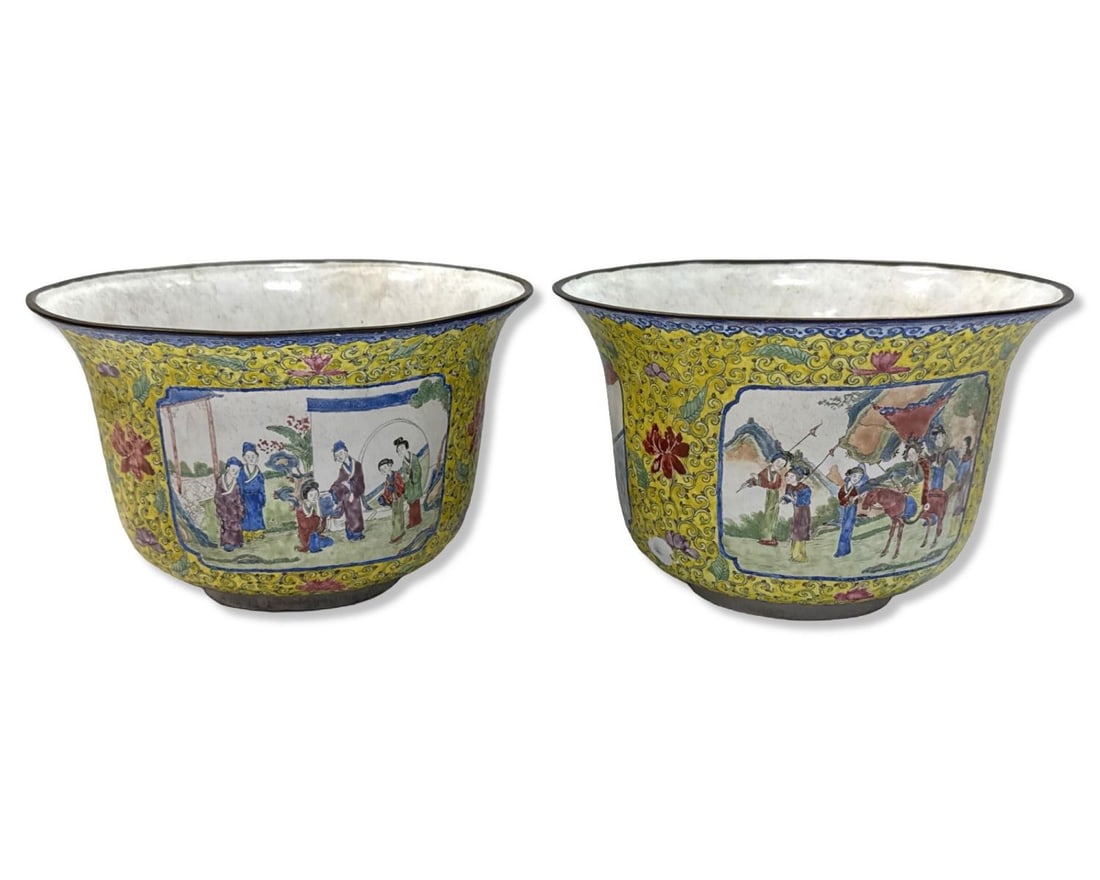 Pair of Chinese Multicolored Enamel Bowl Vases: Pair of Chinese Multicolored Enamel Bowl Vases measures H: 4 3/8" x DIA: 6 7/8". One has enamel loss, sold as is