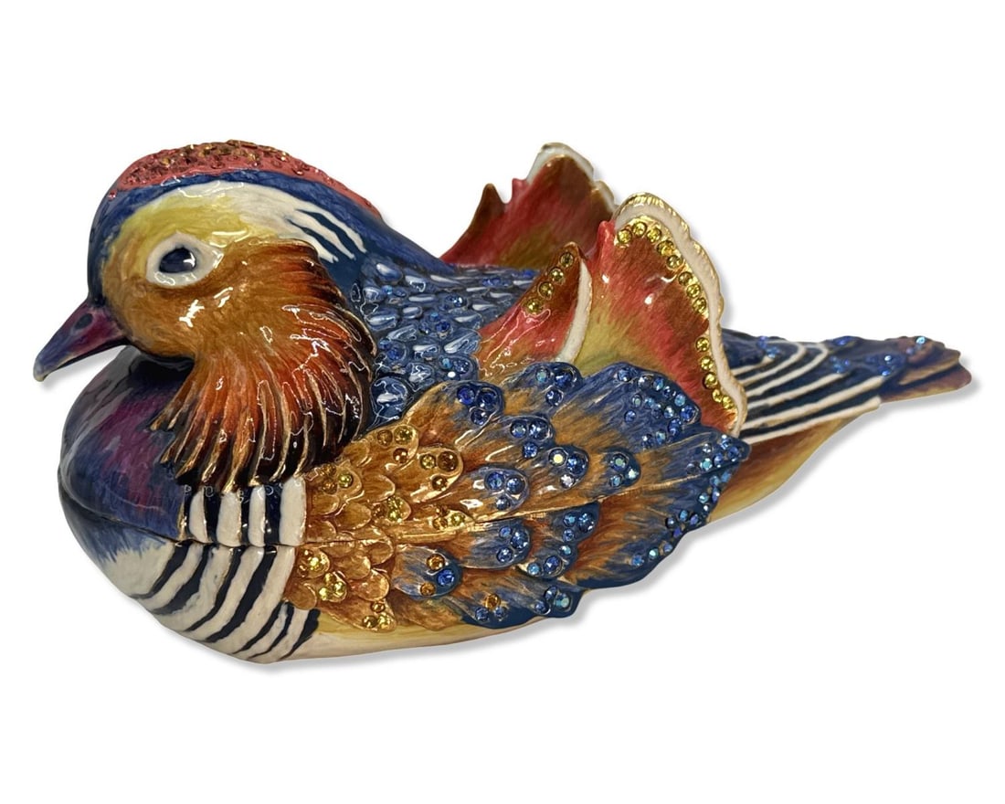 Jay Strongwater Tanner Mandarin Duck Lidded Box: Jay Strongwater Tanner Mandarin Duck Lidded Box H: 3" x W: 3" x L: 6 1/4". Has original tag with retail price of $2,700