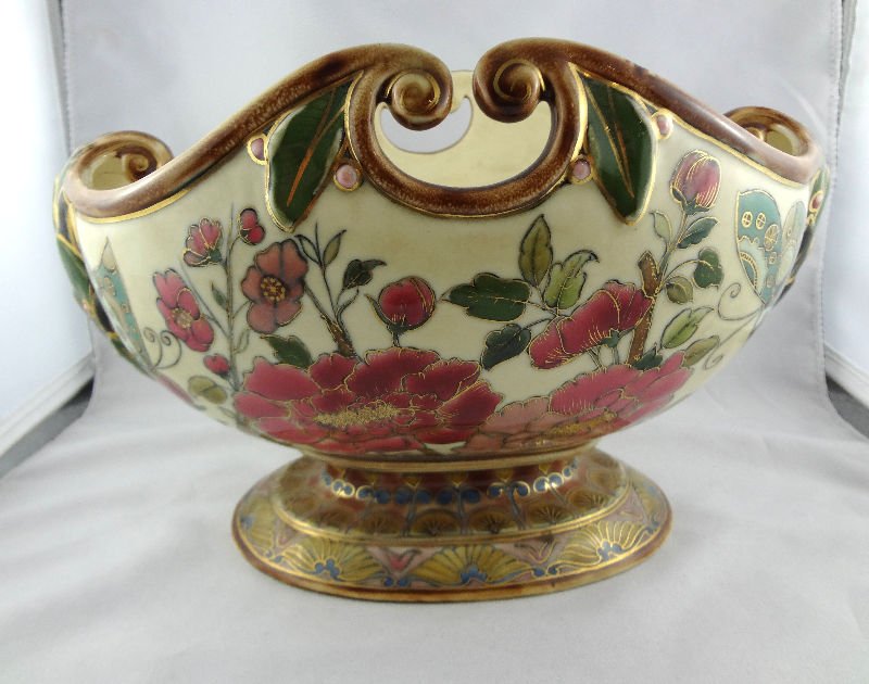 Zsolnay Hungary Porcelain Centerpiece: Zsolnay Hungary Porcelain Centerpiece, #859. Measures - 6 3/4" high x 10 1/2" wide.