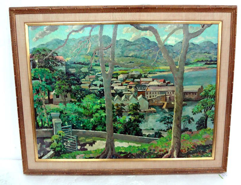 Albert Huie (Jamaican b. 1920) Oil Painting: Albert Huie (Jamaican b. 1920) Oil Painting. Landscape with homes and mountains with background. Signed lower right. Measures - 22 3/4" high x 33 1/2" wide, frame - 3 1/4".