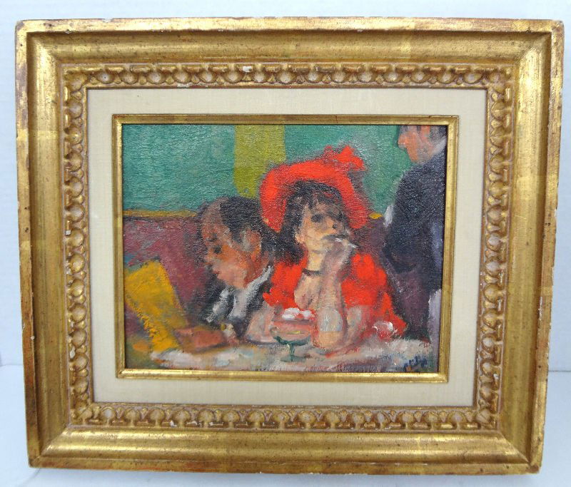 Robert Philipp American (1895-1981) Oil Painting: Robert Philipp American (1895-1981) Oil Painting depicting man & woman at dinner. Measures - 10 1/2" wide x 8" high x 2 1/2" frame.
